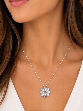NEW - .925 Sterling Silver Daisy Necklace on 18" Chain with Pink Tourmaline